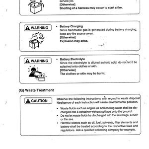 Op de afbeelding: Een pagina uit een handleiding met veiligheidswaarschuwingen en instructies. Het bovenste gedeelte, getiteld "(F) Elektrische onderdelen", geeft waarschuwingen over kortsluiting, het opladen van de batterij en het hanteren van elektrolyt. Het onderste gedeelte, "(G) Afvalverwerking", geeft instructies voor afvalverwerking.