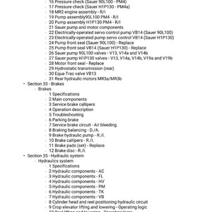 May include: A detailed list of mechanical components, including pumps, motors, valves, and hydraulic systems. The text is organized into sections for brakes and hydraulics, with specifications and component details.