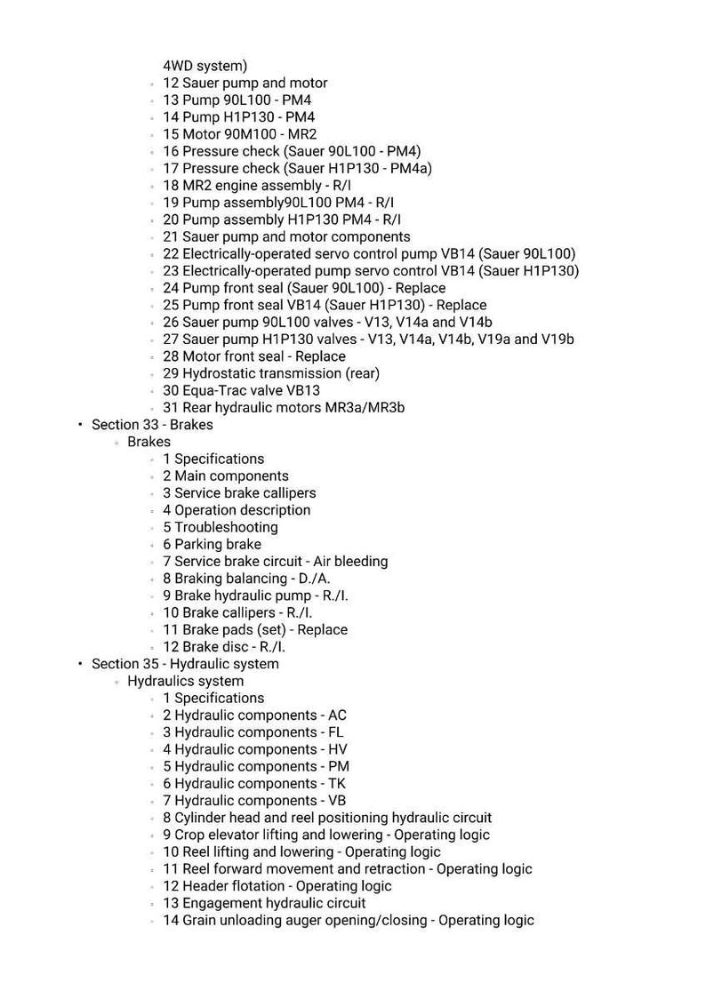May include: A detailed list of mechanical components, including pumps, motors, valves, and hydraulic systems. The text is organized into sections for brakes and hydraulics, with specifications and component details.