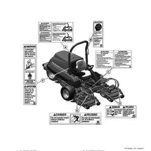 May include: Diagram of a riding lawn mower with safety labels. The labels include warnings about crushing injuries, seat belt use, and operating the mower without a deflector. The text is in English and Spanish.