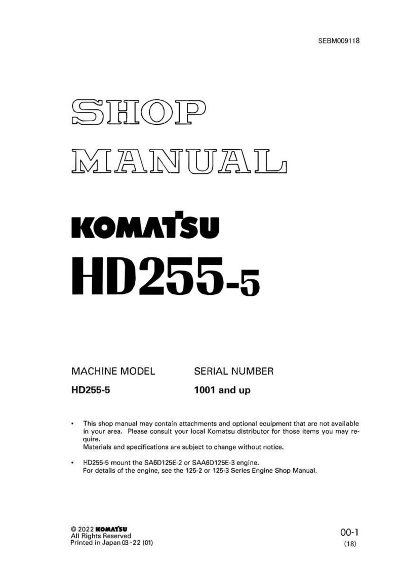 May include: A white shop manual with the text "SHOP MANUAL" and "KOMATSU HD255-5". The machine model is HD255-5, and the serial number is 1001 and up. The manual is printed in Japan.