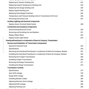 May include: A page from a manual with a list of mechanical and electrical repair procedures, including "Replacing PTO Speed Sending Unit" and "Removing Instrument Unit." The text is black on a white background, with page numbers on the right.