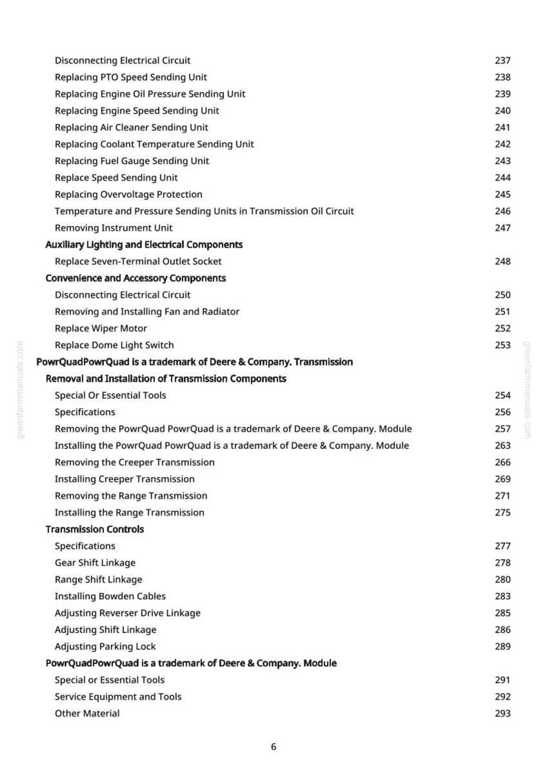 May include: A page from a manual with a list of mechanical and electrical repair procedures, including "Replacing PTO Speed Sending Unit" and "Removing Instrument Unit." The text is black on a white background, with page numbers on the right.