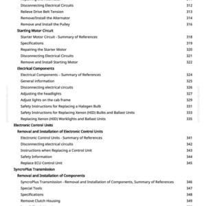 May include: A page from a manual with a list of automotive repair topics, including "Charging Circuit," "Starting Motor Circuit," and "Electronic Control Units." The text is black on a white background, with page numbers on the right.