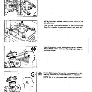 Pode incluir: Diagramas que ilustram o desgaste do furo do pino do compressor de ar, com medidas em mil&iacute;metros e polegadas. Instru&ccedil;&otilde;es incluem a verifica&ccedil;&atilde;o do movimento do pist&atilde;o e cliques met&aacute;licos. O texto desaconselha o uso de um martelo.
