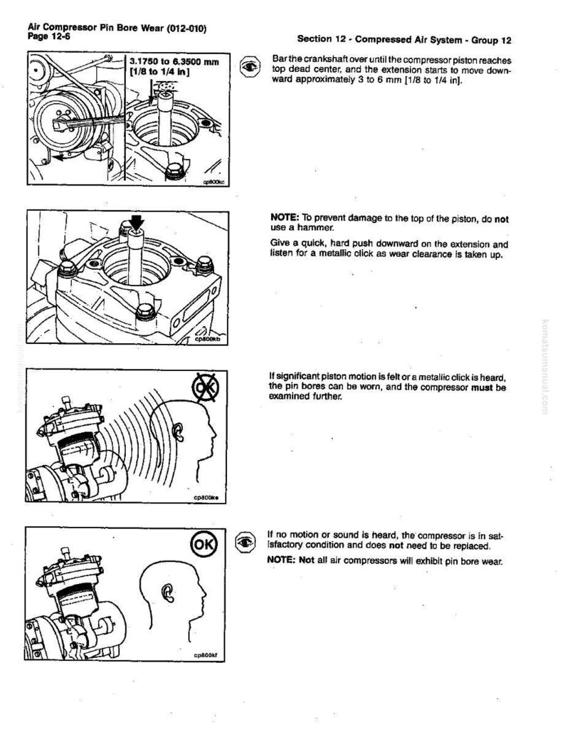 Pode incluir: Diagramas que ilustram o desgaste do furo do pino do compressor de ar, com medidas em mil&iacute;metros e polegadas. Instru&ccedil;&otilde;es incluem a verifica&ccedil;&atilde;o do movimento do pist&atilde;o e cliques met&aacute;licos. O texto desaconselha o uso de um martelo.