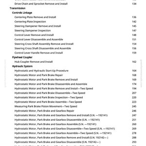 Op de afbeelding: Een witte pagina met een gedetailleerde inhoudsopgave van een handleiding. De tekst bevat koppen als "Axle Housing", "Transmission" en "Hydraulic System", samen met paginanummers. Het websiteadres "greenfarmmanuals.com" is zichtbaar.