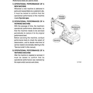 May include: Section 7 Maintenance Standard document with text and an illustration of an excavator. The text describes operational performance tests for new, working, and repaired machines. The illustration shows the excavator with labels.