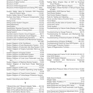 Pu&ograve; includere: Una pagina indice di un manuale, con un sommario con vari diagrammi di sistema, menu di test e guide alla risoluzione dei problemi. La pagina include un elenco di argomenti relativi a macchinari e attrezzature.