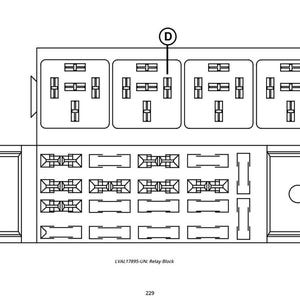 May include: A detailed diagram of a relay block, featuring multiple rectangular slots and connectors. The image is in black and white, with the text "LVAL 17895-UN: Relay Block" and the number "229" at the bottom.