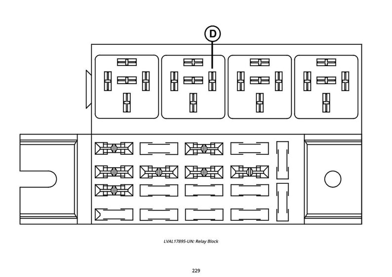 May include: A detailed diagram of a relay block, featuring multiple rectangular slots and connectors. The image is in black and white, with the text "LVAL 17895-UN: Relay Block" and the number "229" at the bottom.