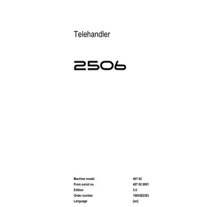Puede incluir: Un documento blanco titulado "Service Manual" para un "Telehandler 2506". El documento incluye el modelo de m&aacute;quina, el n&uacute;mero de serie, la edici&oacute;n, el n&uacute;mero de pedido y la informaci&oacute;n del idioma. El idioma se indica como "en".
