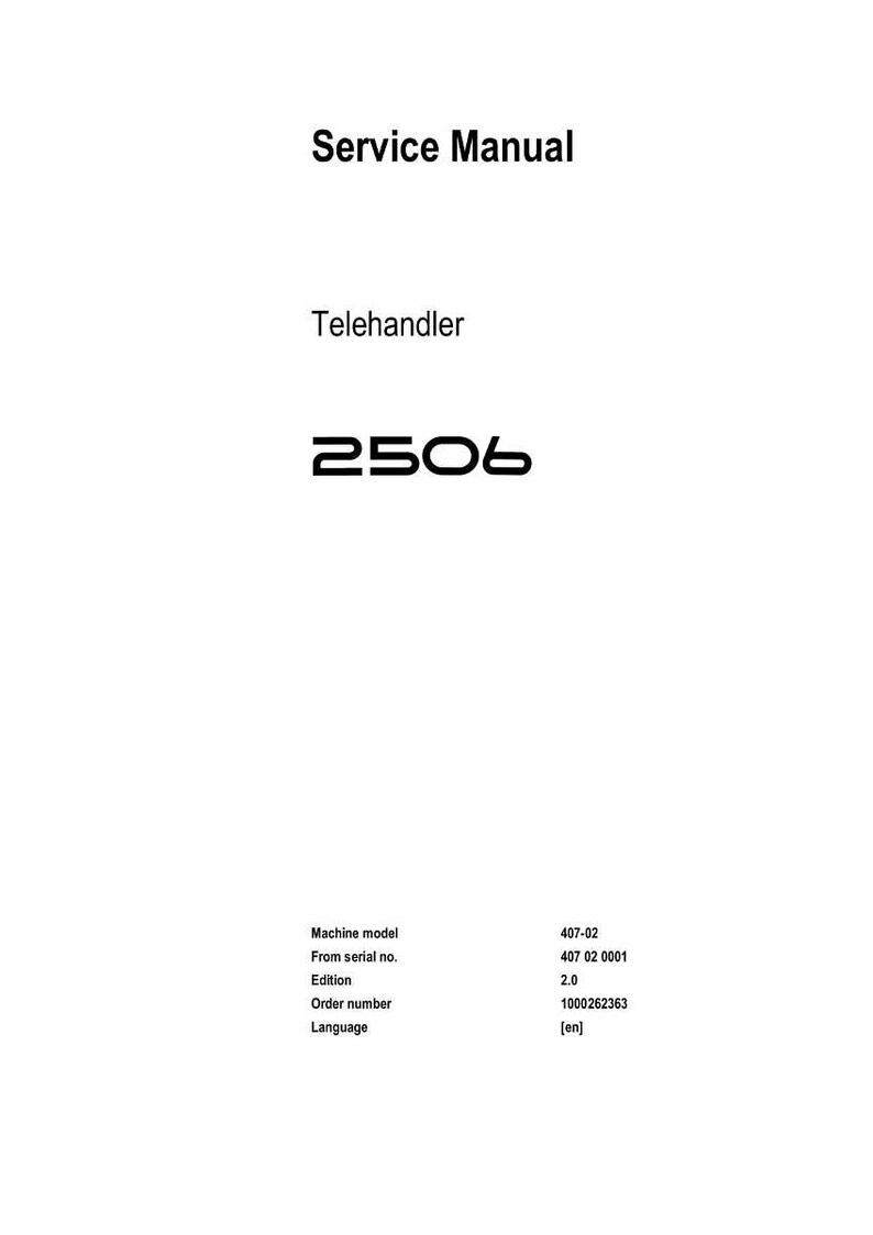 Puede incluir: Un documento blanco titulado "Service Manual" para un "Telehandler 2506". El documento incluye el modelo de m&aacute;quina, el n&uacute;mero de serie, la edici&oacute;n, el n&uacute;mero de pedido y la informaci&oacute;n del idioma. El idioma se indica como "en".