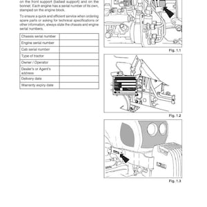 May include: A page from a tractor manual with diagrams and text. The text includes "Tractor identification" and instructions for locating serial numbers. Diagrams show engine and chassis details.