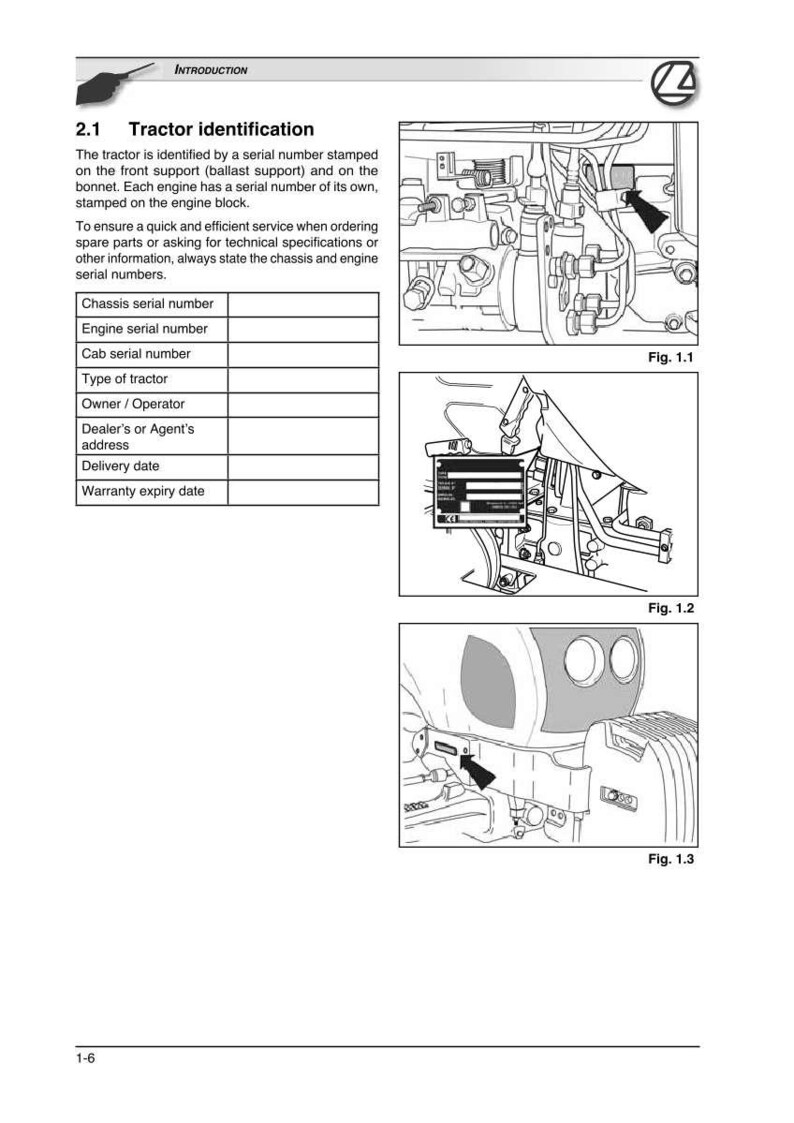 May include: A page from a tractor manual with diagrams and text. The text includes "Tractor identification" and instructions for locating serial numbers. Diagrams show engine and chassis details.