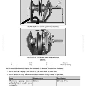 Op de afbeelding: Diagram met de installatie van een ventilator met variabele snelheid aandrijfriem. De afbeelding bevat twee gedetailleerde diagrammen van de poelie-assemblage, met letters en metingen. De tekst specificeert een maximale afstand van 50 mm tussen de poelies.