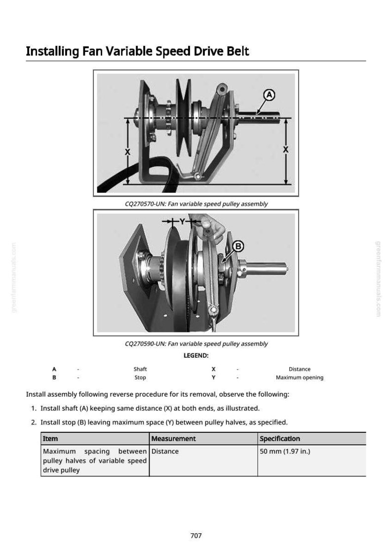 Op de afbeelding: Diagram met de installatie van een ventilator met variabele snelheid aandrijfriem. De afbeelding bevat twee gedetailleerde diagrammen van de poelie-assemblage, met letters en metingen. De tekst specificeert een maximale afstand van 50 mm tussen de poelies.