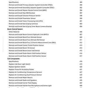May include: A printed page from a manual with a list of components and procedures for an engine control system, spray rate control system, boom control system, and cab components. The page includes a table of contents with page numbers.