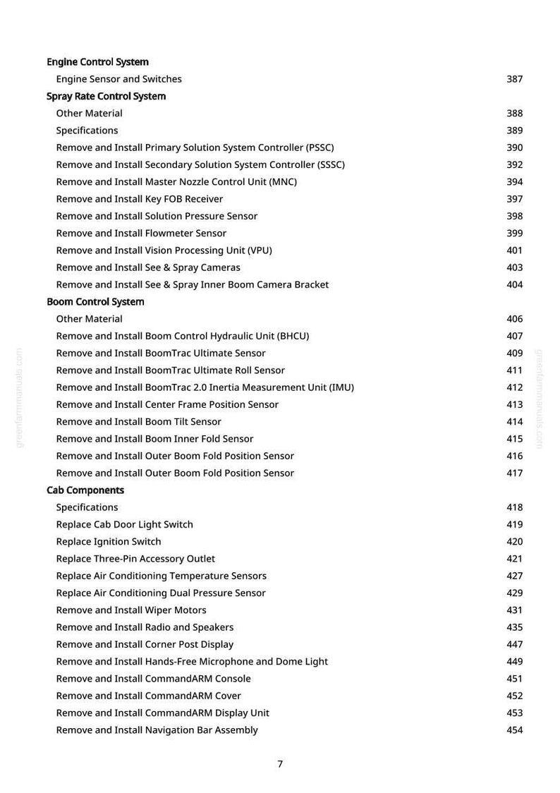 May include: A printed page from a manual with a list of components and procedures for an engine control system, spray rate control system, boom control system, and cab components. The page includes a table of contents with page numbers.