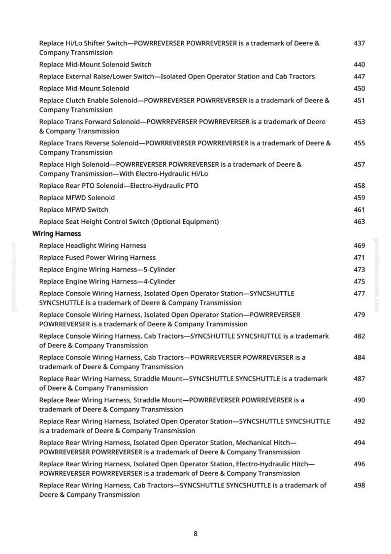 Pode incluir: Uma p&aacute;gina branca com uma lista de pe&ccedil;as de trator e chicotes el&eacute;tricos. O texto inclui termos como "Solenoid Switch", "Wiring Harness" e "Cab Tractors". A p&aacute;gina &eacute; de greenfarmmanuals.com.