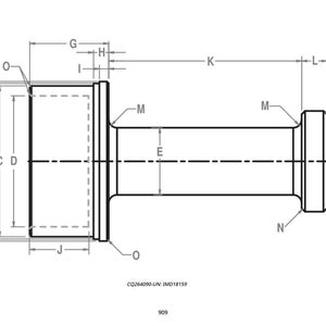 May include: Technical drawing of a cylindrical component with labeled dimensions. The diagram shows a side view of the part, with various measurements indicated by letters and lines. The component has a cylindrical body with flared ends.