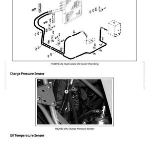 May include: Diagram of hydrostatic oil cooler plumbing with text "H52893-UN: Hydrostatic Oil Cooler Plumbing". Includes a close-up of a charge pressure sensor with text "H52933-UN: Charge Pressure Sensor". Also shows an oil temperature sensor.