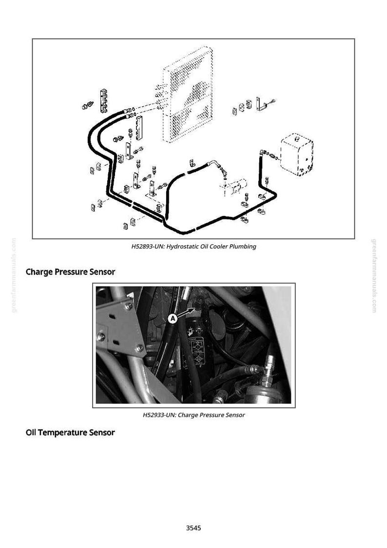 May include: Diagram of hydrostatic oil cooler plumbing with text "H52893-UN: Hydrostatic Oil Cooler Plumbing". Includes a close-up of a charge pressure sensor with text "H52933-UN: Charge Pressure Sensor". Also shows an oil temperature sensor.