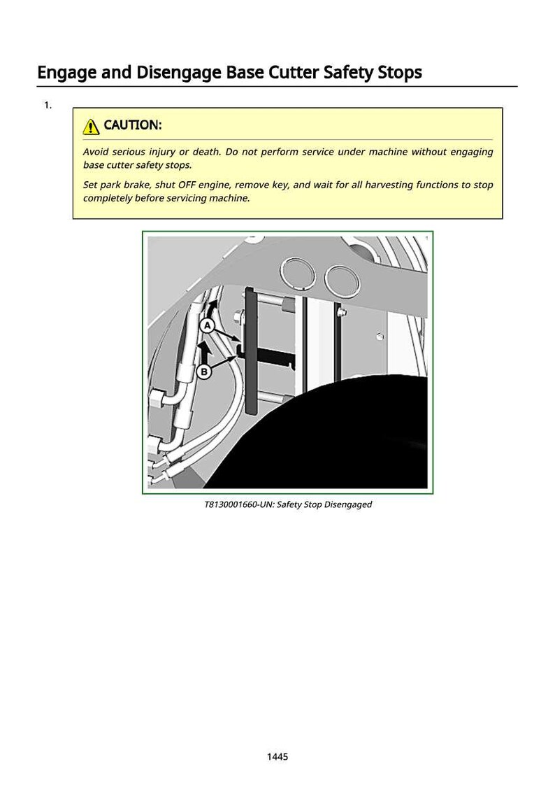 May include: Diagram illustrating the process to engage and disengage base cutter safety stops. The image includes a warning about potential injury or death. The text also instructs to set the park brake, shut off the engine, and remove the key.