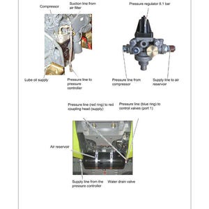 K&ouml;nnte beinhalten: Diagramm der Luftkompressorkomponenten, einschlie&szlig;lich Kompressor, Druckregler und Luftbeh&auml;lter. Beschriftungen kennzeichnen Ansaugleitungen, Druckleitungen und Zuleitungen. Die Abbildung ist eine technische Illustration mit detaillierten mechanischen Teilen.