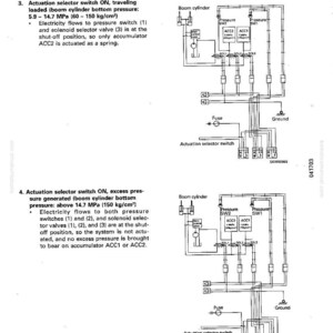 May include: Technical diagram illustrating a travel damper system, detailing the function of the actuation selector switch. Includes labels for components such as the boom cylinder and pressure switches. Measurements are in MPa and kg/cm&sup2;.