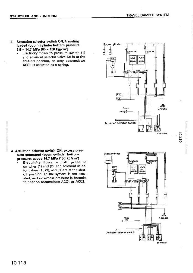 May include: Technical diagram illustrating a travel damper system, detailing the function of the actuation selector switch. Includes labels for components such as the boom cylinder and pressure switches. Measurements are in MPa and kg/cm&sup2;.