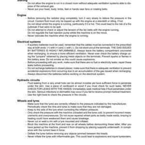 May include: A page from a manual with safety instructions for a tractor. The text covers topics like engine operation, electrical systems, hydraulic circuits, and tire maintenance. Includes warnings about potential hazards and safety precautions.