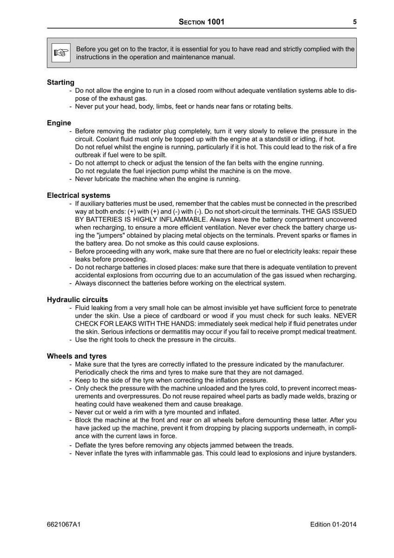 May include: A page from a manual with safety instructions for a tractor. The text covers topics like engine operation, electrical systems, hydraulic circuits, and tire maintenance. Includes warnings about potential hazards and safety precautions.