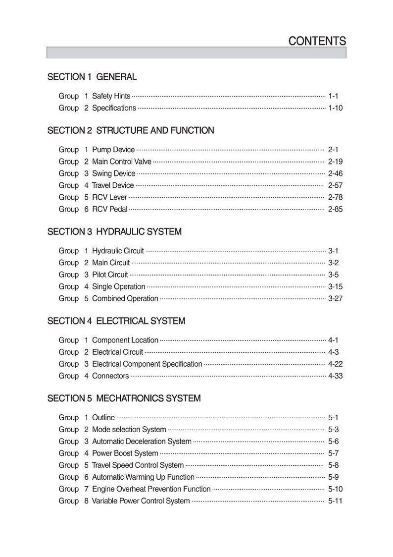 May include: A detailed table of contents from a manual, with headings and subheadings for various sections. The text is black on a white background, with section titles like "General", "Structure and Function", and "Hydraulic System".