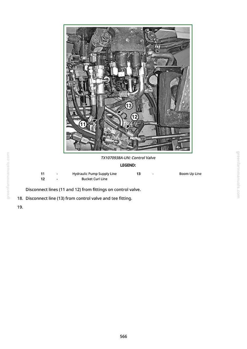 May include: Detailed diagram of a control valve assembly, labeled with numbers and lines. The image includes text identifying the Hydraulic Pump Supply Line, Bucket Curl Line, and Boom Up Line. The text also includes instructions for disconnecting lines.