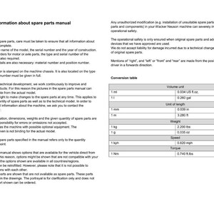 Puede incluir: P&aacute;gina de manual con informaci&oacute;n general sobre repuestos de una m&aacute;quina. Incluye detalles t&eacute;cnicos y una tabla de conversi&oacute;n de medidas de volumen, longitud, peso, velocidad y par. Texto negro sobre fondo blanco.
