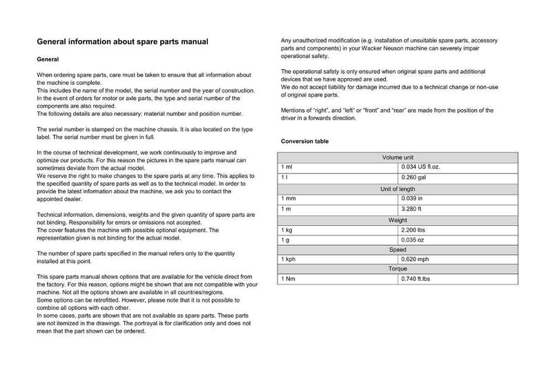 Puede incluir: P&aacute;gina de manual con informaci&oacute;n general sobre repuestos de una m&aacute;quina. Incluye detalles t&eacute;cnicos y una tabla de conversi&oacute;n de medidas de volumen, longitud, peso, velocidad y par. Texto negro sobre fondo blanco.