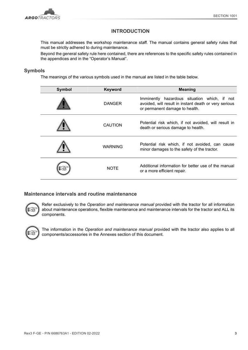 K&ouml;nnte beinhalten: Seite aus einem Traktor-Wartungshandbuch. Das Handbuch enth&auml;lt Sicherheitssymbole f&uuml;r Gefahr, Vorsicht und Warnung sowie deren Bedeutung. Es beschreibt auch Wartungsintervalle und Routineverfahren f&uuml;r Traktorkomponenten.