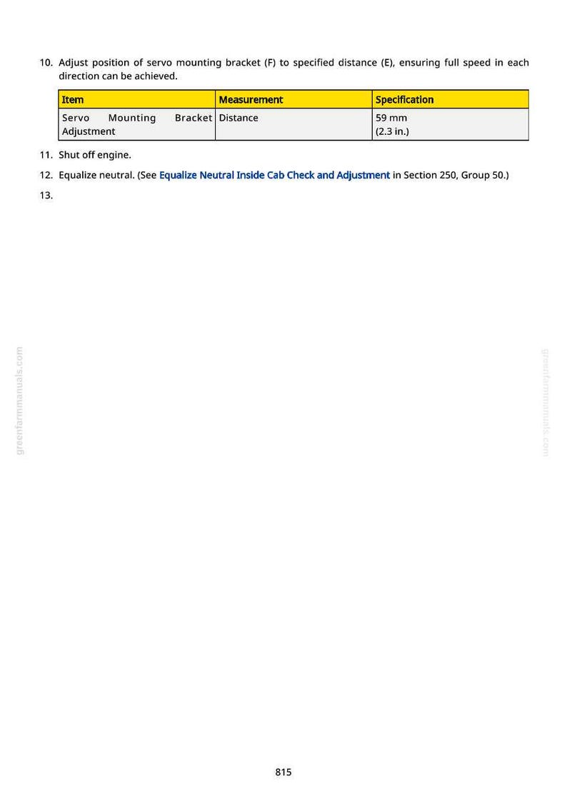 May include: A page from a manual with instructions for adjusting a servo mounting bracket. The text includes measurements of 59 mm (2.3 in.). The document also includes instructions to shut off the engine and equalize neutral.