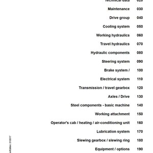 May include: A page from a Liebherr servicemanual with a table of contents. The headings include Introduction, Technical data, Maintenance, Drive group, Cooling system, Working hydraulics, and more. The document is dated 01/2017.