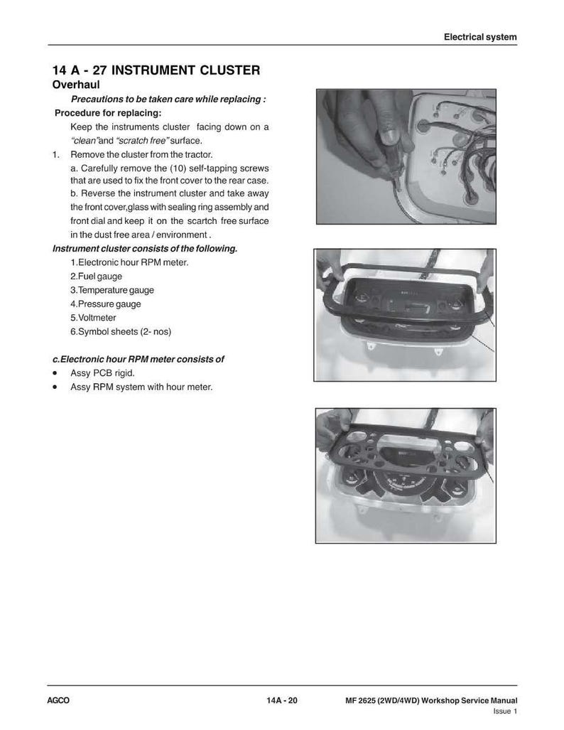 Puede incluir: Una p&aacute;gina de un manual de servicio de taller para un sistema el&eacute;ctrico, con texto y diagramas. El t&iacute;tulo es "14 A - 27 INSTRUMENT CLUSTER Overhaul". El manual incluye instrucciones y diagramas para el mantenimiento del cuadro de instrumentos.