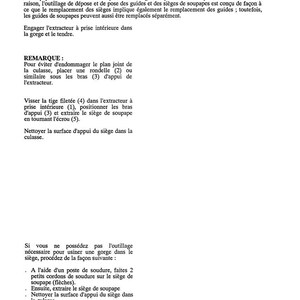 May include: A page from a manual detailing the replacement of valve seats. The text is in French, with diagrams and instructions on how to remove and replace valve seats, including notes and warnings.