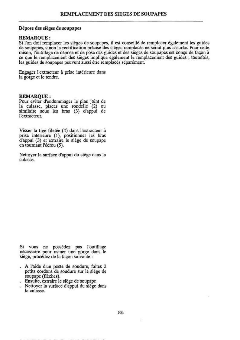 May include: A page from a manual detailing the replacement of valve seats. The text is in French, with diagrams and instructions on how to remove and replace valve seats, including notes and warnings.