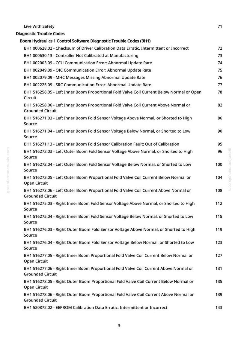 May include: A manual page detailing diagnostic trouble codes for boom hydraulics, under the heading "Live With Safety". The text lists various error codes and descriptions.