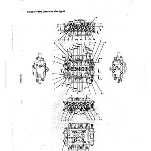 May include: Diagram of a 6-spool valve (pressure rise type) with labels and annotations. The image includes multiple views of the valve, with detailed internal components and text labels. The text "STRUCTURE AND FUNCTION" and "CONTROL VALVE" are visible.