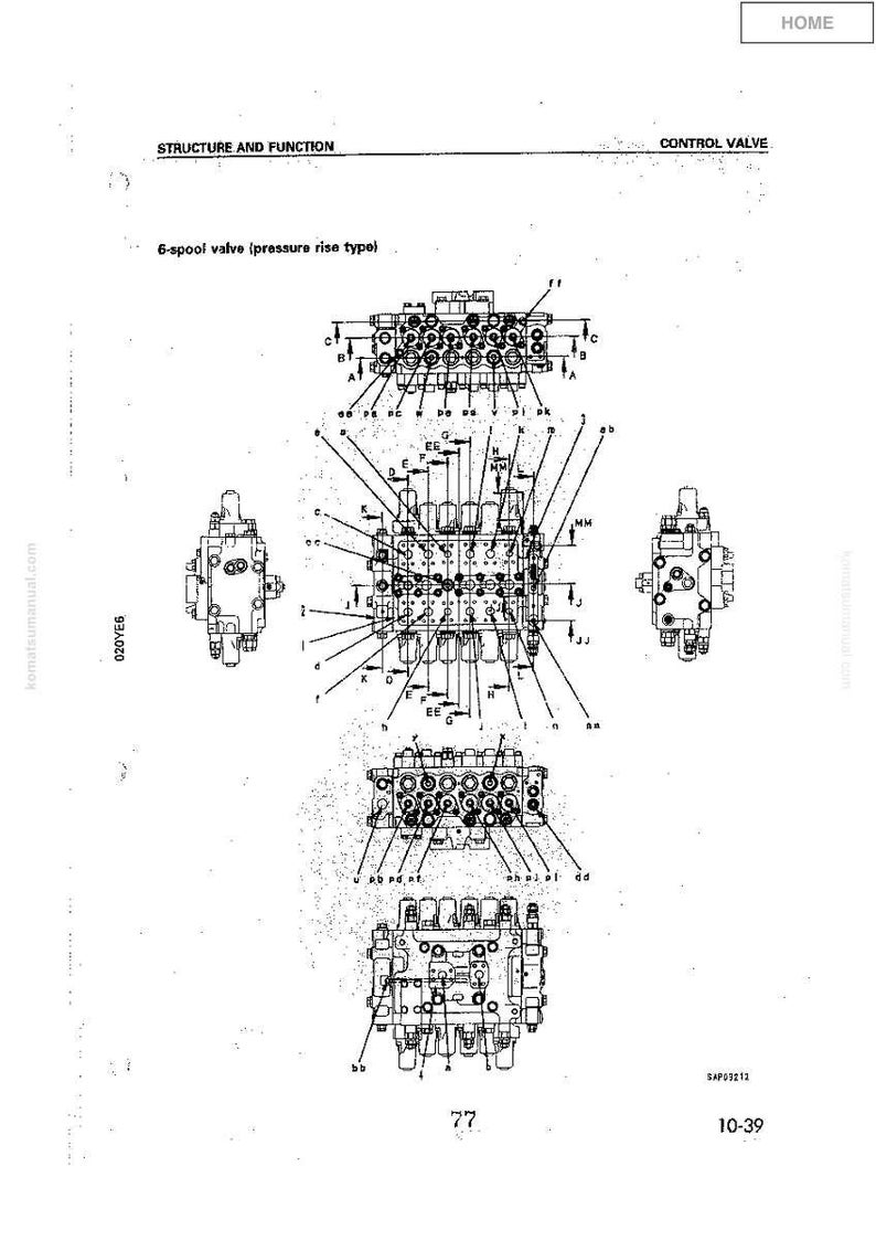 May include: Diagram of a 6-spool valve (pressure rise type) with labels and annotations. The image includes multiple views of the valve, with detailed internal components and text labels. The text "STRUCTURE AND FUNCTION" and "CONTROL VALVE" are visible.