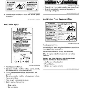 May include: A page of safety instructions with warnings about operating machinery. The text includes cautions about avoiding quick stops, rotating blades, and equipment fires. It also provides instructions on how to avoid injury.
