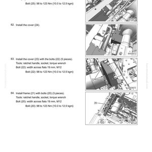 May include: Diagram from a manual showing the disassembly and assembly of an engine and main pump. Includes instructions for installing covers and frames with bolts, specifying tools like ratchet handles and torque wrenches. Measurements are in millimeters and Newton meters.