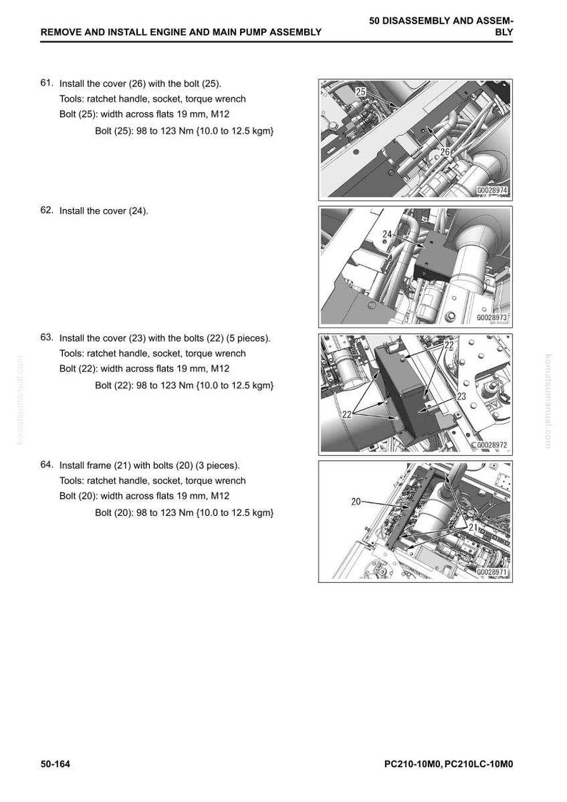 May include: Diagram from a manual showing the disassembly and assembly of an engine and main pump. Includes instructions for installing covers and frames with bolts, specifying tools like ratchet handles and torque wrenches. Measurements are in millimeters and Newton meters.
