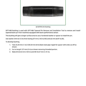 May include: A black steel bushing with external threads. The image includes the text "DFT1489 Bushing" and specifications for its use, including measurements in inches and millimeters.